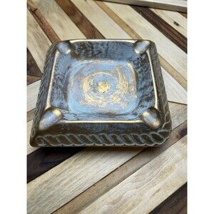1960s STANGL Pottery Ashtray Hand Painted Aqua Brushed Gold Rope Braid 6” #5074